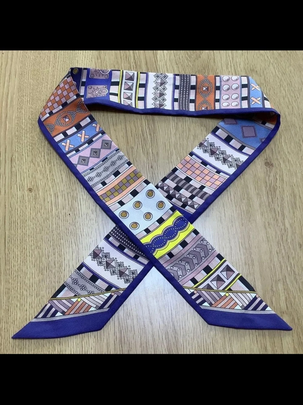 Silk Patterned Twilly Scarf in Blue and Multi